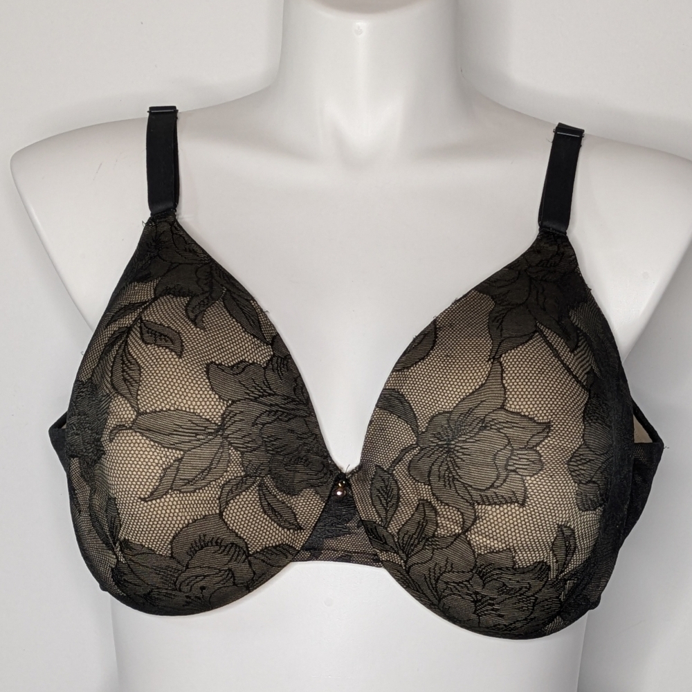 Cacique Black Tan Floral Lace Lightly Lined Full Coverage Bra 44C